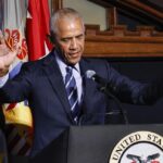 Former President Barack Obama speaks to guests after receiving the 2024 Sylvanus Thayer Award from the West Point Association of Graduates during ceremonies hosted by the U.S. Military Academy at West Point, Thursday, Sept. 19, 2024, in New York.