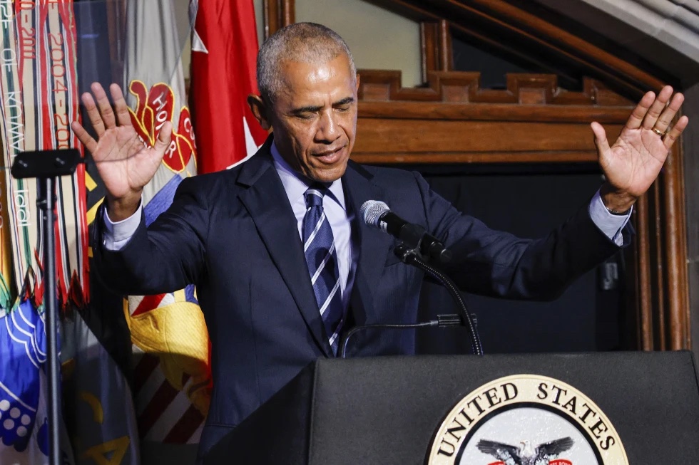 Former President Barack Obama speaks to guests after receiving the 2024 Sylvanus Thayer Award from the West Point Association of Graduates during ceremonies hosted by the U.S. Military Academy at West Point, Thursday, Sept. 19, 2024, in New York.