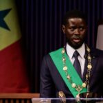 Senegal's newly elected President Bassirou Diomaye Faye addresses the audience after he took the oath of office as president during the inauguration ceremony in Dakar, Senegal April 2, 2024.