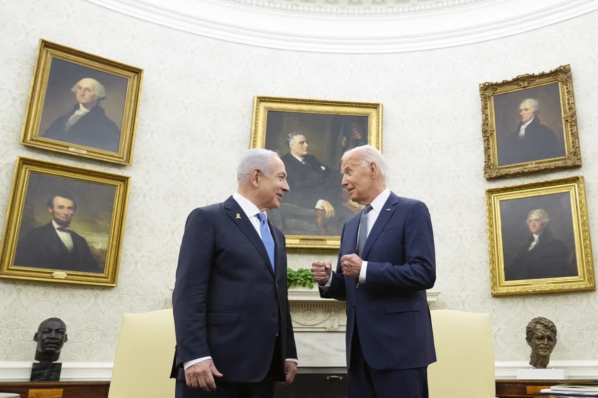 President Joe Biden, right, talks with Israeli Prime Minister Benjamin Netanyahu, left, in the Oval Office of the White House in Washington, July 25, 2024.