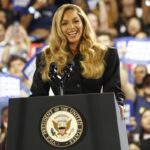 Musical artist Beyonce on stage at a campaign event for Democratic presidential nominee Vice President Kamala Harris, Friday, Oct. 25, 2024, in Houston.