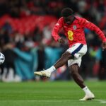 Bukayo Saka during the warm up before the match