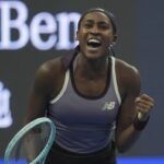 Coco Gauff of the United States celebrates after defeating Paula Badosa of Spain in a women’s singles semi-final match for the China Open tennis tournament held at the National Tennis Center in Beijing, Saturday, Oct. 5, 2024.