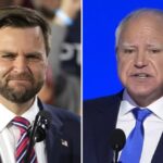 This combination of images shows Republican vice presidential nominee Sen. JD Vance, R-Ohio, at left in Erie, Pa., Aug. 28, 2024, and Democratic vice presidential candidate Minnesota Gov. Tim Walz speaking at the DNC in Chicago, Aug. 21, 2024, in Chicago.