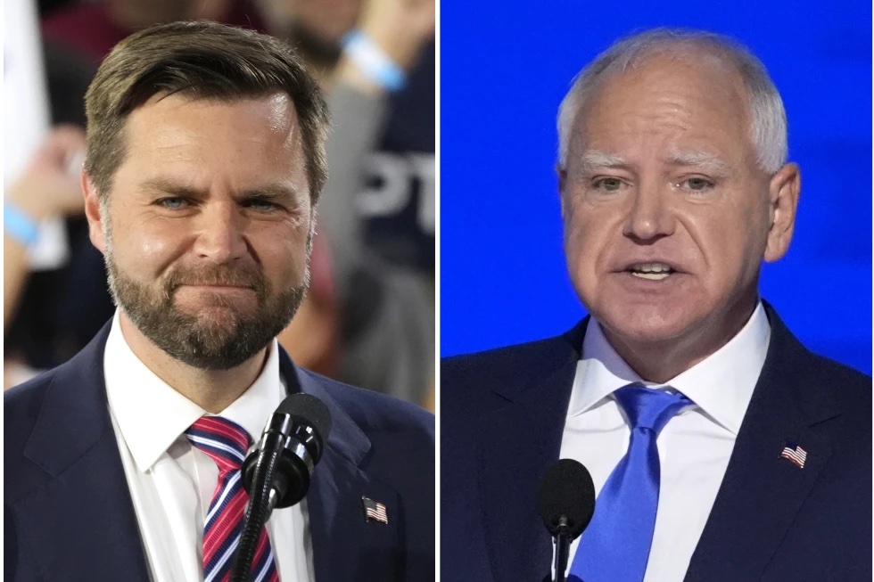 This combination of images shows Republican vice presidential nominee Sen. JD Vance, R-Ohio, at left in Erie, Pa., Aug. 28, 2024, and Democratic vice presidential candidate Minnesota Gov. Tim Walz speaking at the DNC in Chicago, Aug. 21, 2024, in Chicago. 