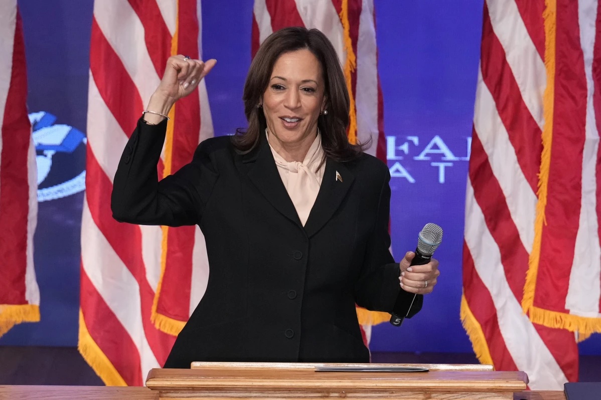 Democratic presidential nominee Vice President Kamala Harris speaks during a church service and early vote event at Divine Faith Ministries International, Sunday, Oct. 20, 2024, in Jonesboro, Ga.