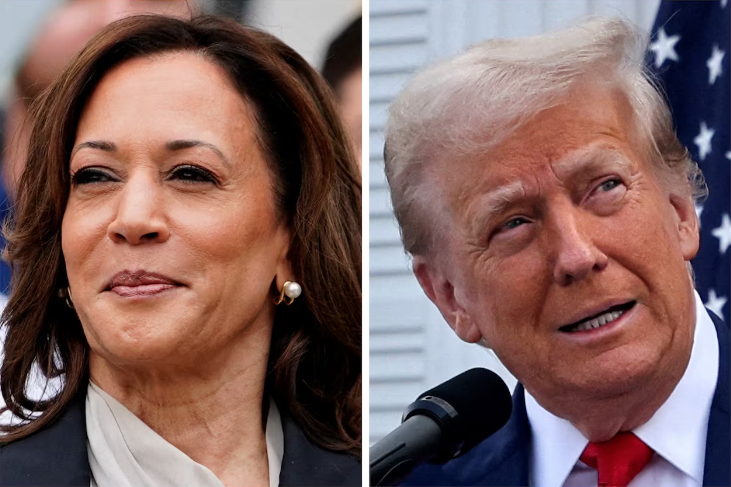 U.S. Vice President Kamala Harris at the White House, Washington, U.S., July 22, 2024 and former U.S. President Donald Trump in Bedminster, New Jersey, U.S., August 15, 2024 in a combination of file photographs.