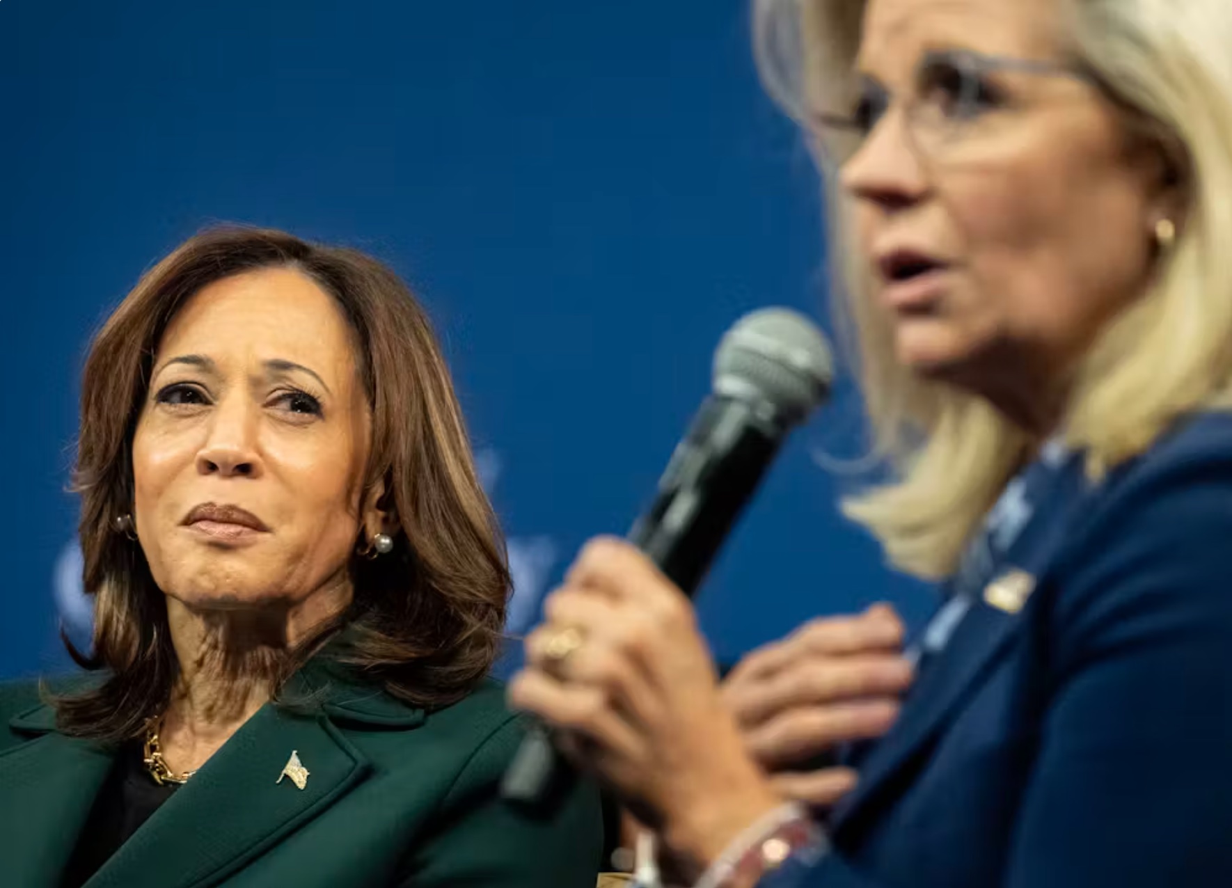 Democratic candidate Kamala Harris, left, campaigns with former GOP congresswoman and supporter Liz Cheney in Malvern, Pa., on Oct. 21, 2024. 