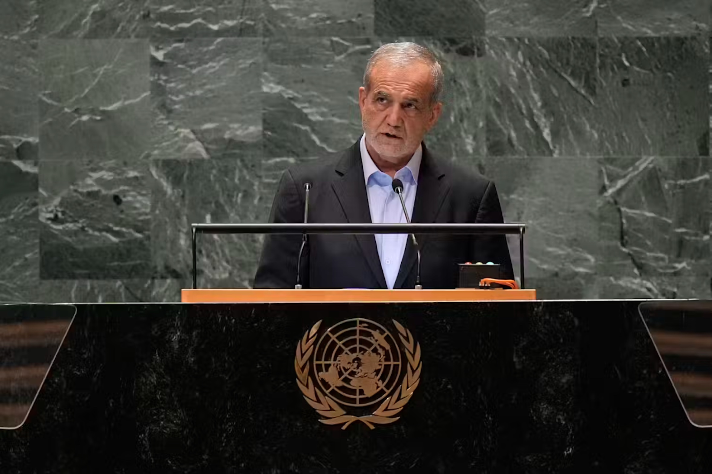 Iranian President Masoud Pezeshkian addressing the UN General Assembly last month. Pamela Smith/AP