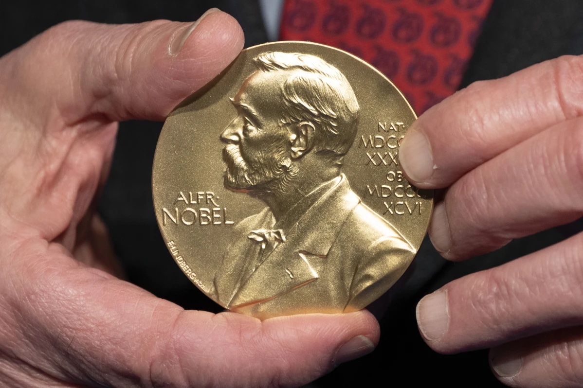 A close-up view of a Nobel Prize medal at the National Institutes of Health (NIH) in Bethesda, Md., Tuesday, Dec. 8, 2020.