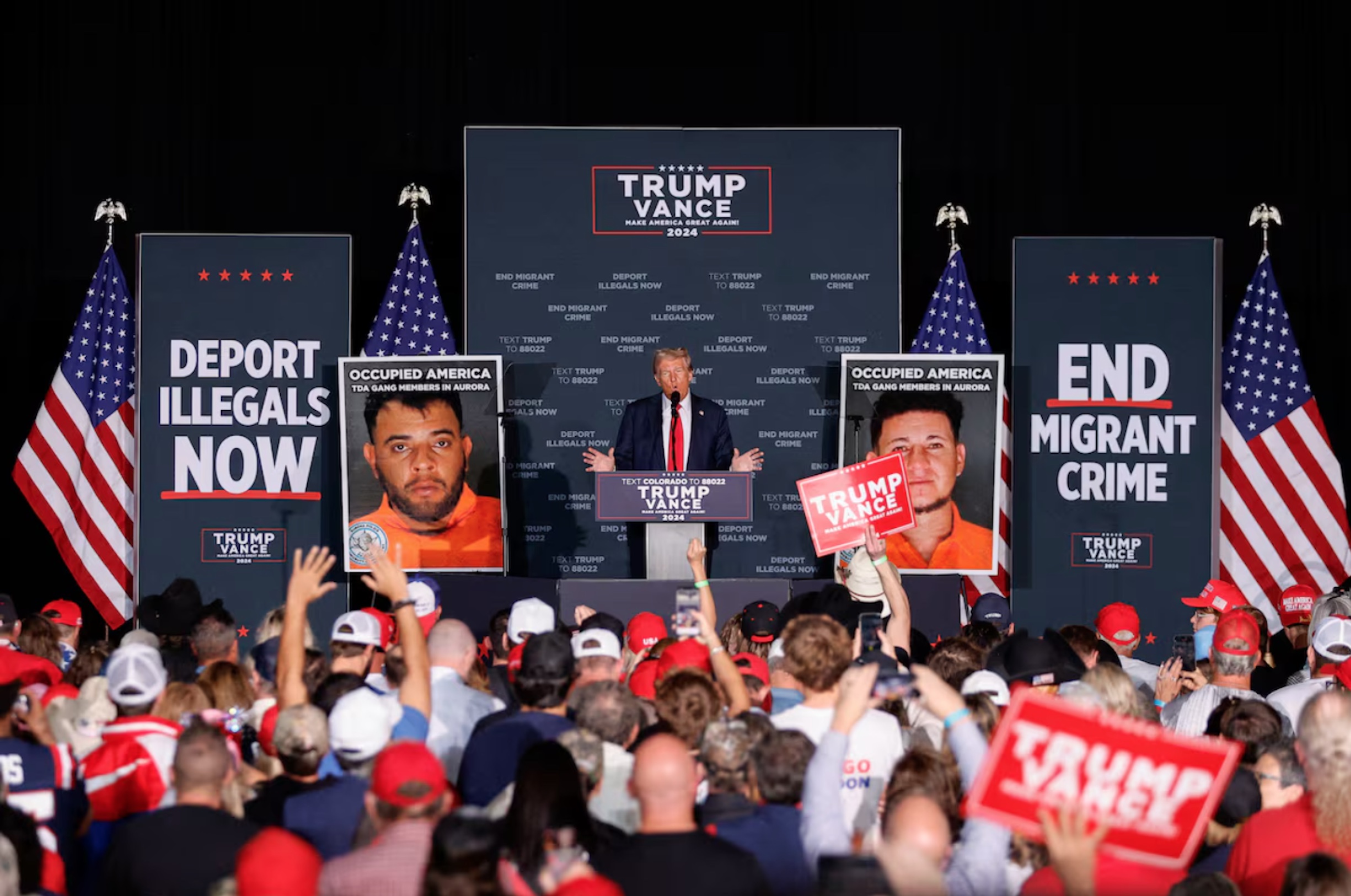 Republican presidential nominee and former U.S. President Donald Trump holds a rally at Gaylord Rockies Resort and Convention Center in Aurora, Colorado, U.S., October 11, 2024. 