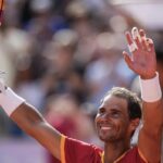 Rafael Nadal of Spain celebrates his victory over Marton Fucsovics of Hungary during the men’s singles tennis competition, at the 2024 Summer Olympics, Sunday, July 28, 2024