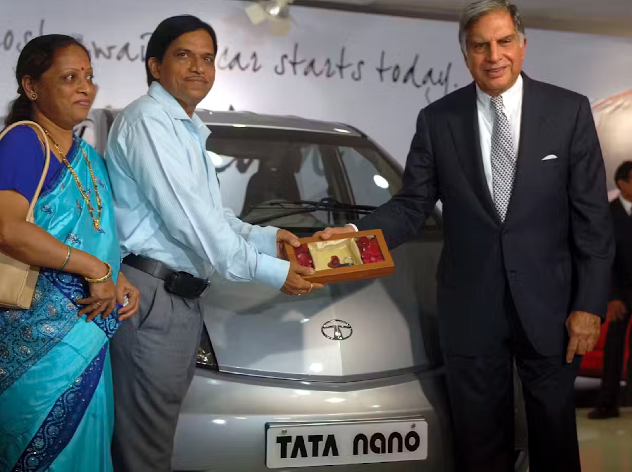 Ratan Tata hands over the keys of the first ever Tata Nano in July 2009. 