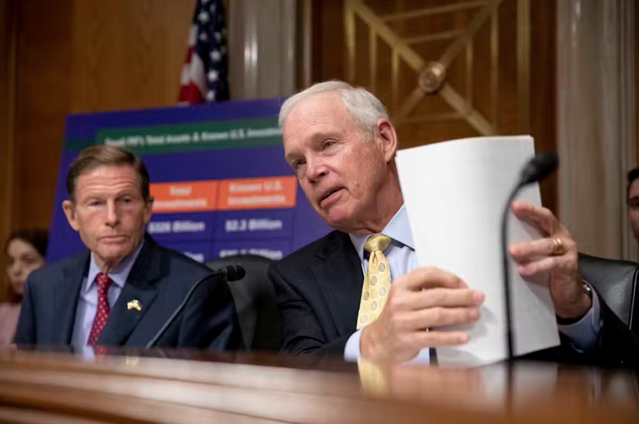 Democratic Sen. Richard Blumenthal looks on as Republican Sen. Ron Johnson speaks during a homeland security and governmental affairs subcommittee hearing on Capitol Hill in September 2023 on a proposed PGA Tour-LIV Golf partnership. Final details are still being hammered out. 