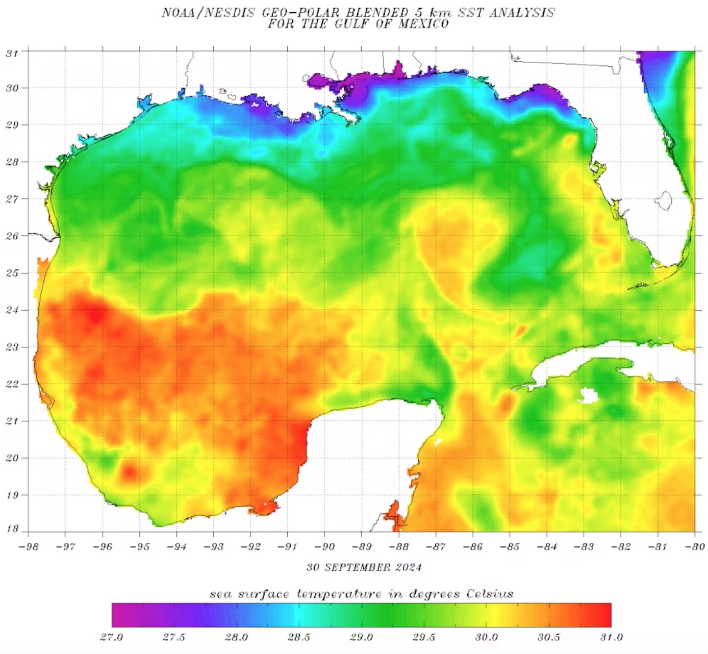 Sea surface temperatures have been warm in the Gulf of Mexico, where Hurricane Milton was crossing north of Mexico’s Yucatan Peninsula on Oct. 7, 2024. A temperature of 30 degrees Celsius is equivalent to 86 degrees Fahrenheit. NOAA