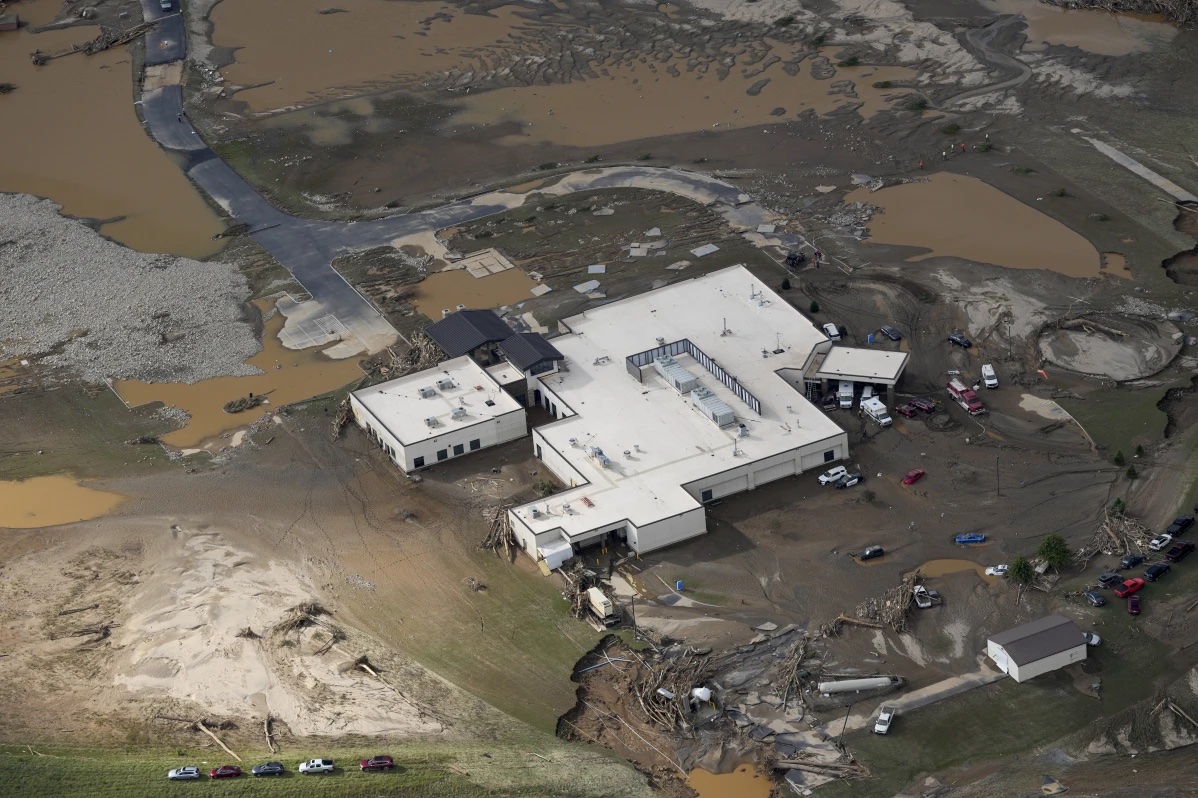 An aerial view of flood-damaged Unicoi County Hospital in the aftermath of Hurricane Helene, Saturday, Sept. 28, 2024, in Erwin, Tenn. 