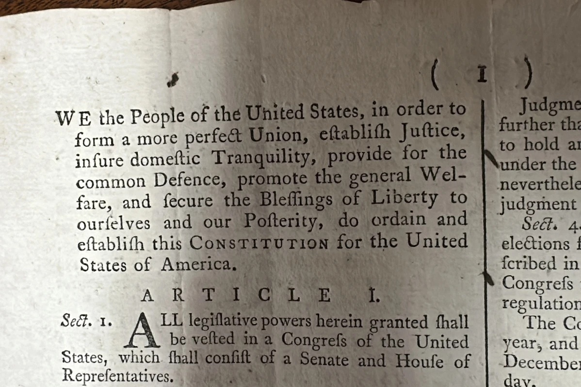 Part of an 1787 copy of the U.S. Constitution that will be put up for auction is shown at Brunk Auctions in Asheville, North Carolina, on Sept. 5, 2024.