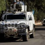 A Spanish-led unit of Unifil peacekeepers on patrol in Qliyaa, soutghern Lebanon, October 12 2024.