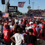 A message is displayed on a screen, during a rally for Republican presidential nominee and former U.S. President Donald Trump, in Coachella, California, U.S., October 12, 2024.