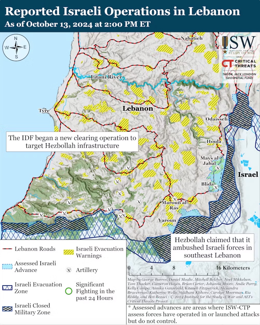 Israel’s ground offensive in southern Lebanon, October 13 2024. Institute for the Study of War