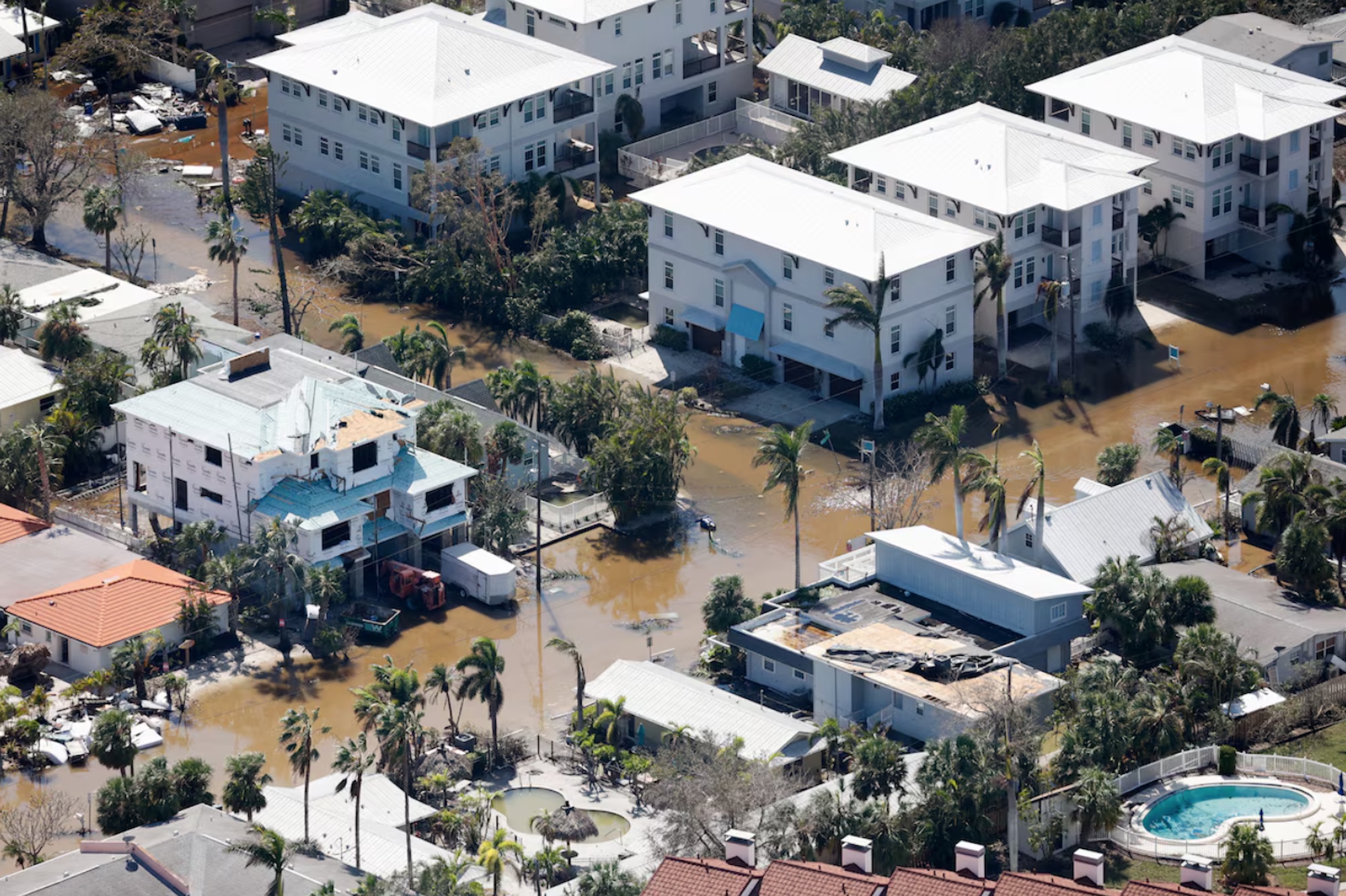 An aerial view shows streets flooded after Hurricane Milton's landfall, in Siesta Key, Florida, U.S., October 10, 2024. 