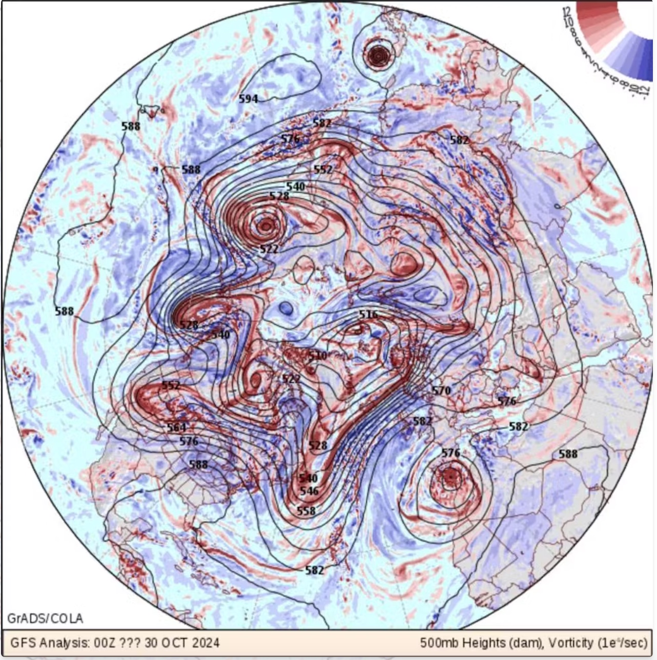 A map of vortices, which shows the spinning of the air. The DANA is visible over Spain in the bottom right corner, and a typhoon between Vietnam and Japan in the top right. Grad-COLA, George Mason University