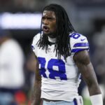 Dallas Cowboys wide receiver CeeDee Lamb reacts during the second half of an NFL football game against the Houston Texans, Monday, Nov. 18, 2024, in Arlington, Texas.