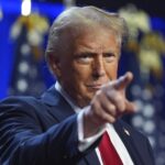 Republican presidential nominee former President Donald Trump arrives at an election night watch party at the Palm Beach Convention Center, Wednesday, Nov. 6, 2024, in West Palm Beach, Fla.