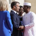 France’s President Emmanuel Macron, left, and Secretary General of the Organisation Internationale de la Francophonie Louise Mushikiwabo, center, welcome Chad’s President General Mahamat Idriss Deby Itno for the 19th Francophonie summit in Villers-Cotterets, France, Oct. 4, 2024.