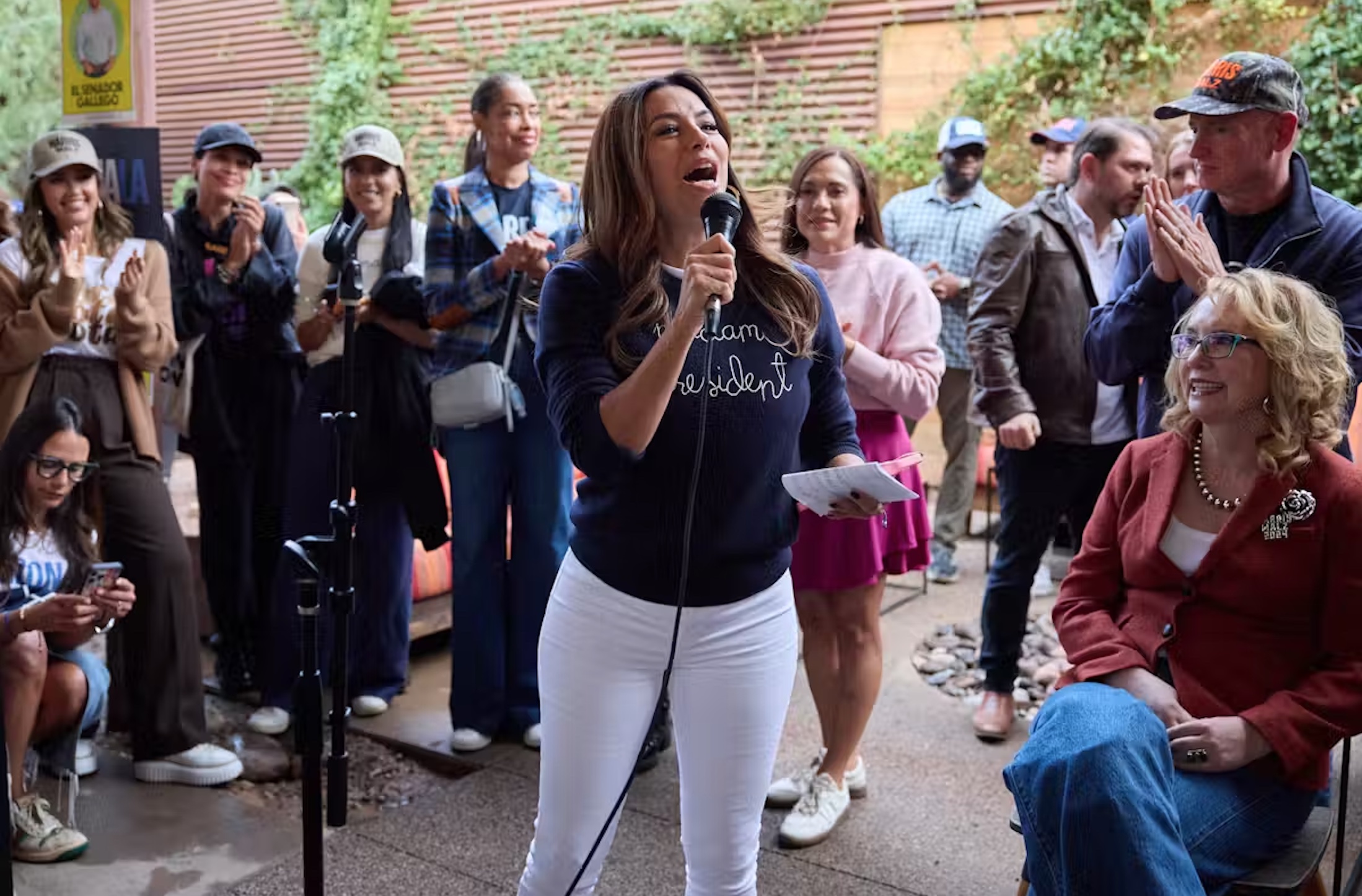 Actress Eva Longoria speaks at an election event for Kamala Harris and Democratic Senate candidate Ruben Gallego in Phoenix, Arizona. 