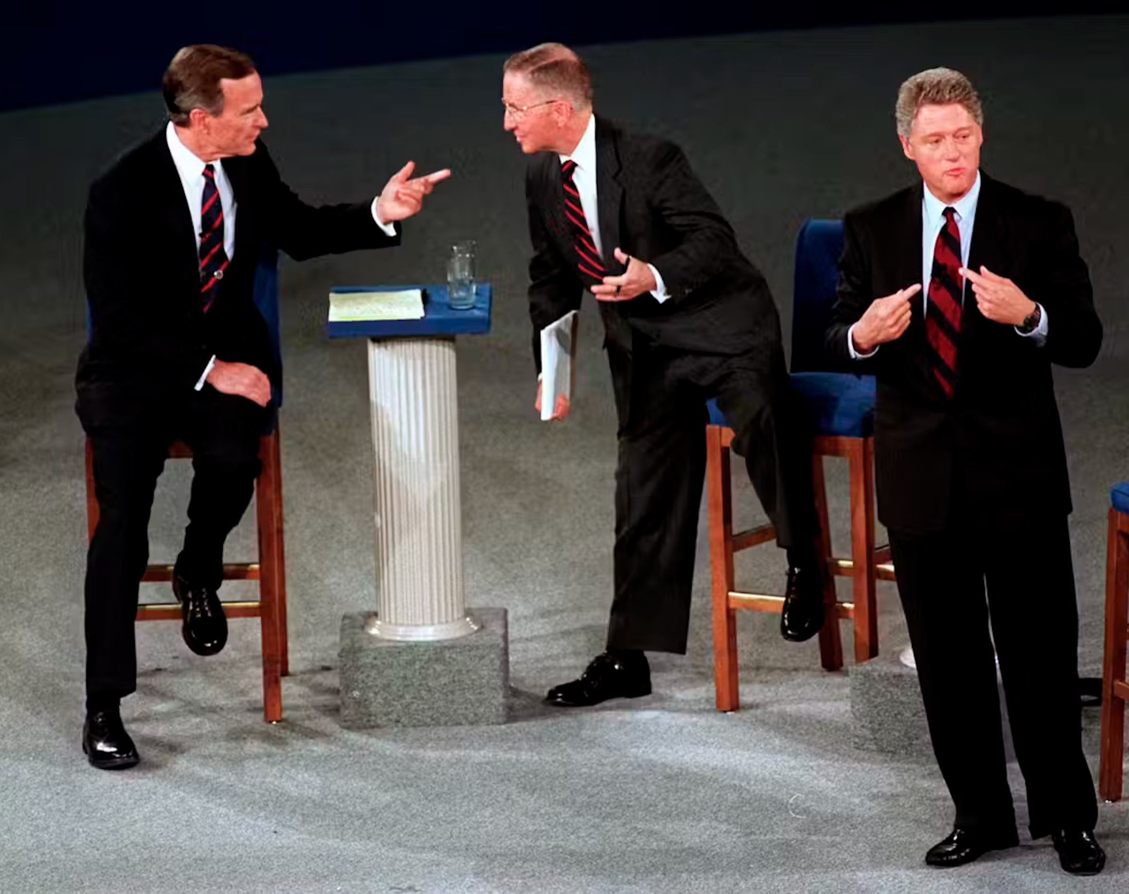 From left, George HW Bush, Ross Perot and Bill Clinton debating before the 1992 election. 