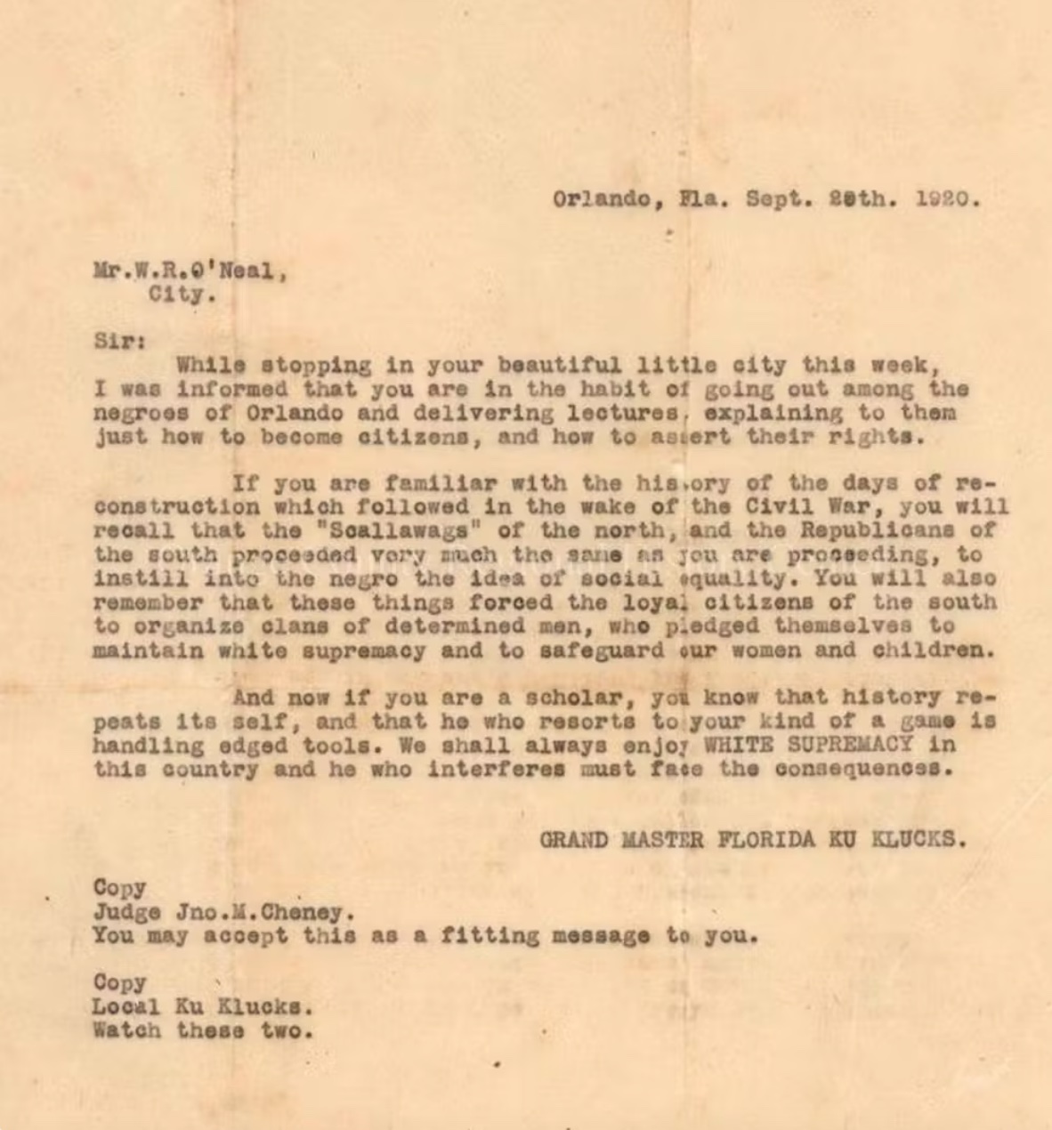 The KKK letter threatening ‘consequences’ if Black voters exercised their rights. 