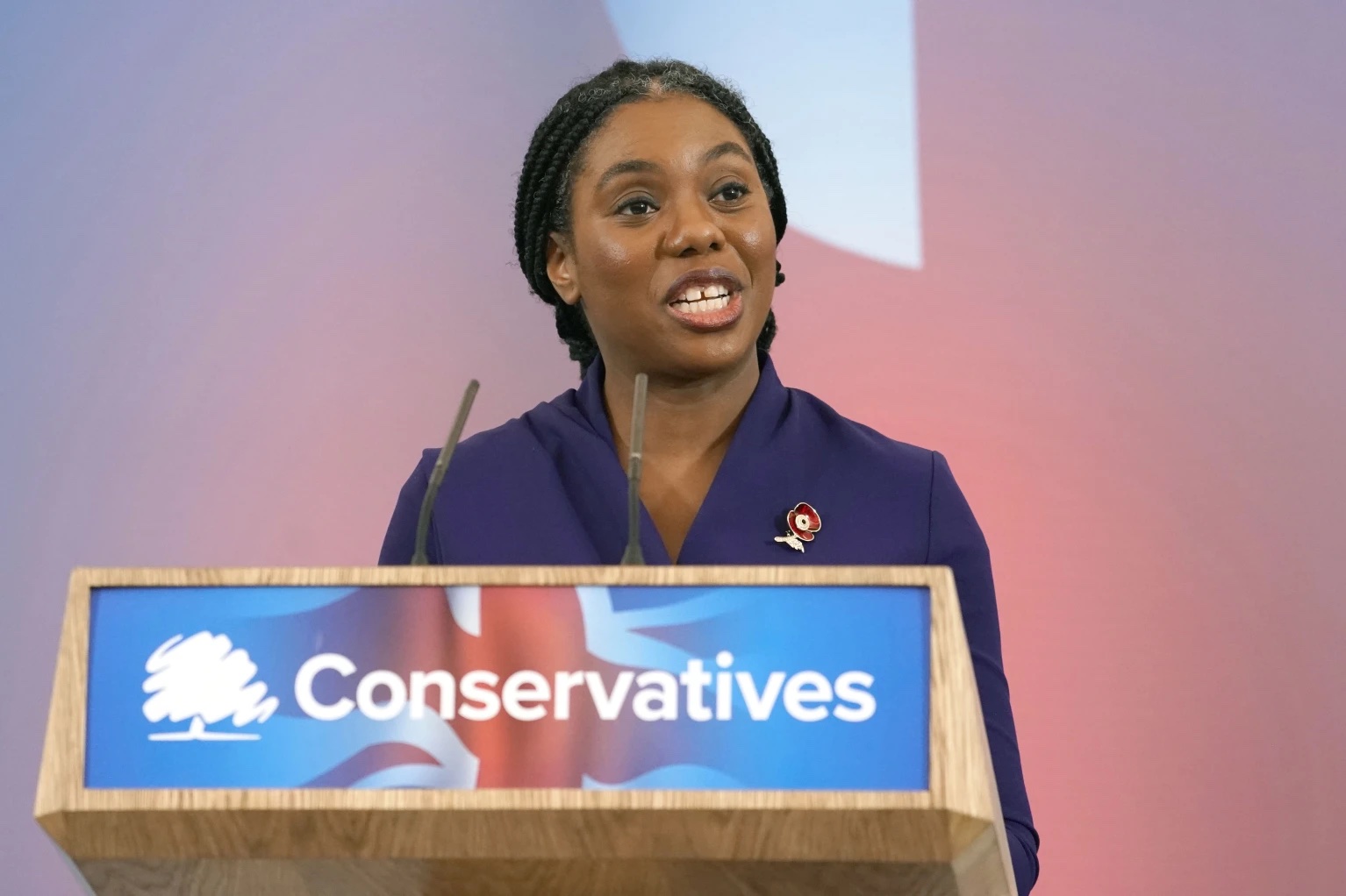 Britain’s Member of Parliament Kemi Badenoch speaks after being elected as the new leader of the opposition Conservative Party, in London, Saturday, Nov. 2, 2024. 