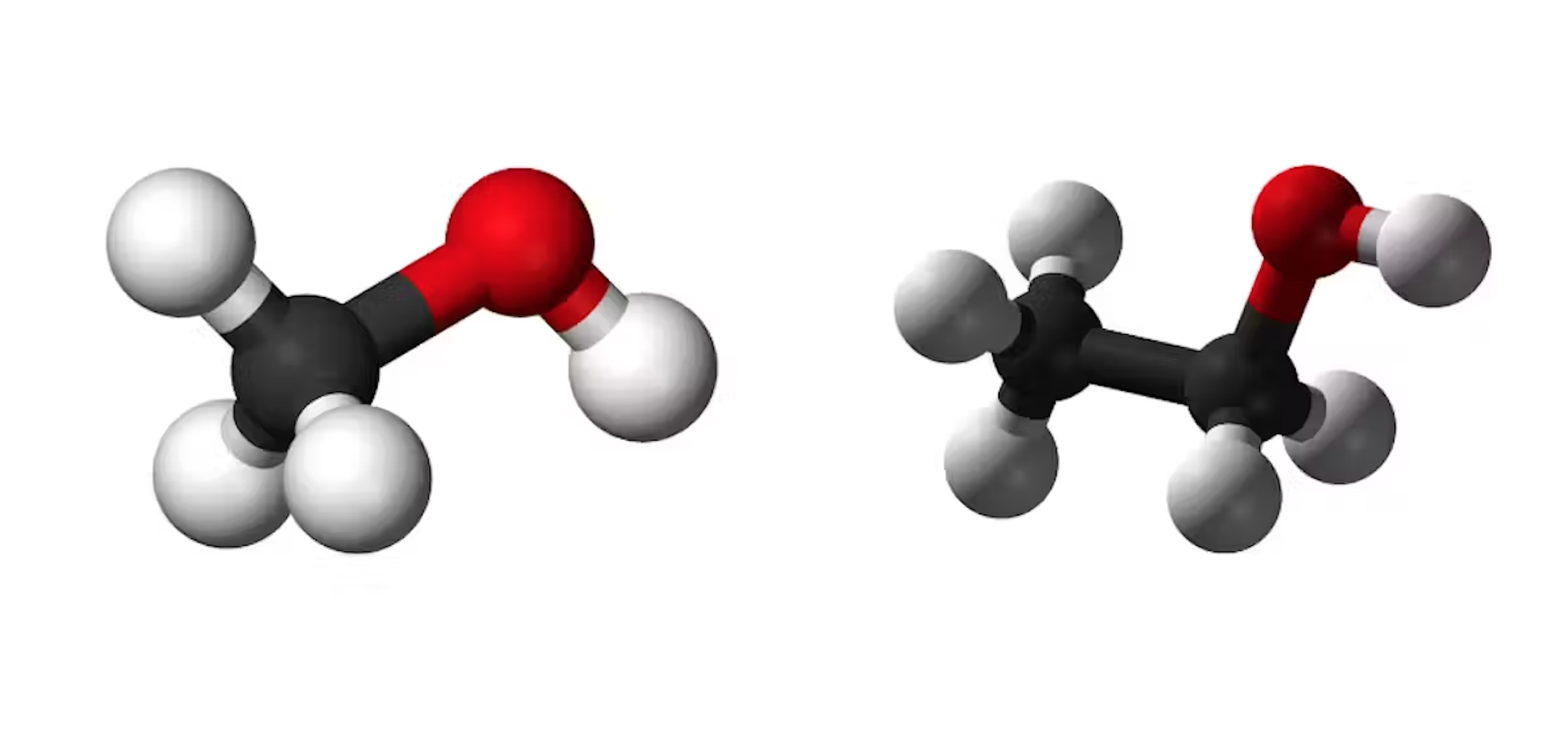 Methanol (left) and ethanol (right) have differing chemical structures. Wikimedia Commons, CC BY