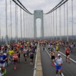 Runners cross the Verrazzano-Narrows Bridge at the start of the New York City Marathon, in New York, Sunday, Nov. 5, 2023.