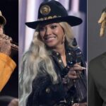 This combination of images shows recording artists, Post Malone, from left, Beyoncé, and Shaboozey.