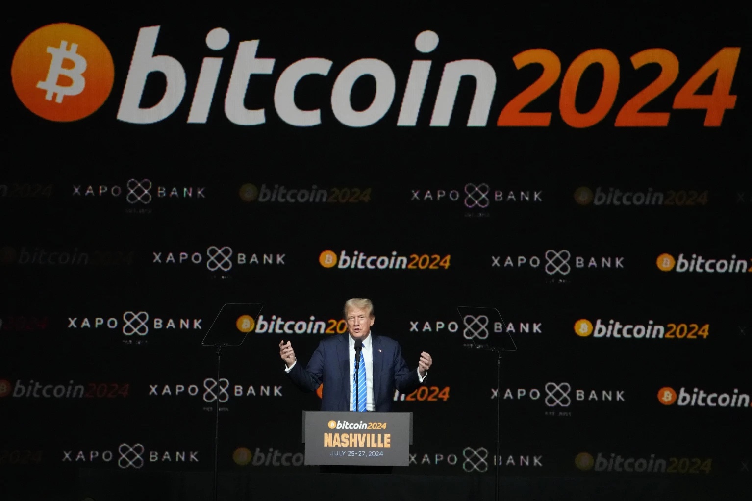 Republican presidential candidate former President Donald Trump speaks at the Bitcoin 2024 Conference Saturday, July 27, 2024, in Nashville, Tenn. 