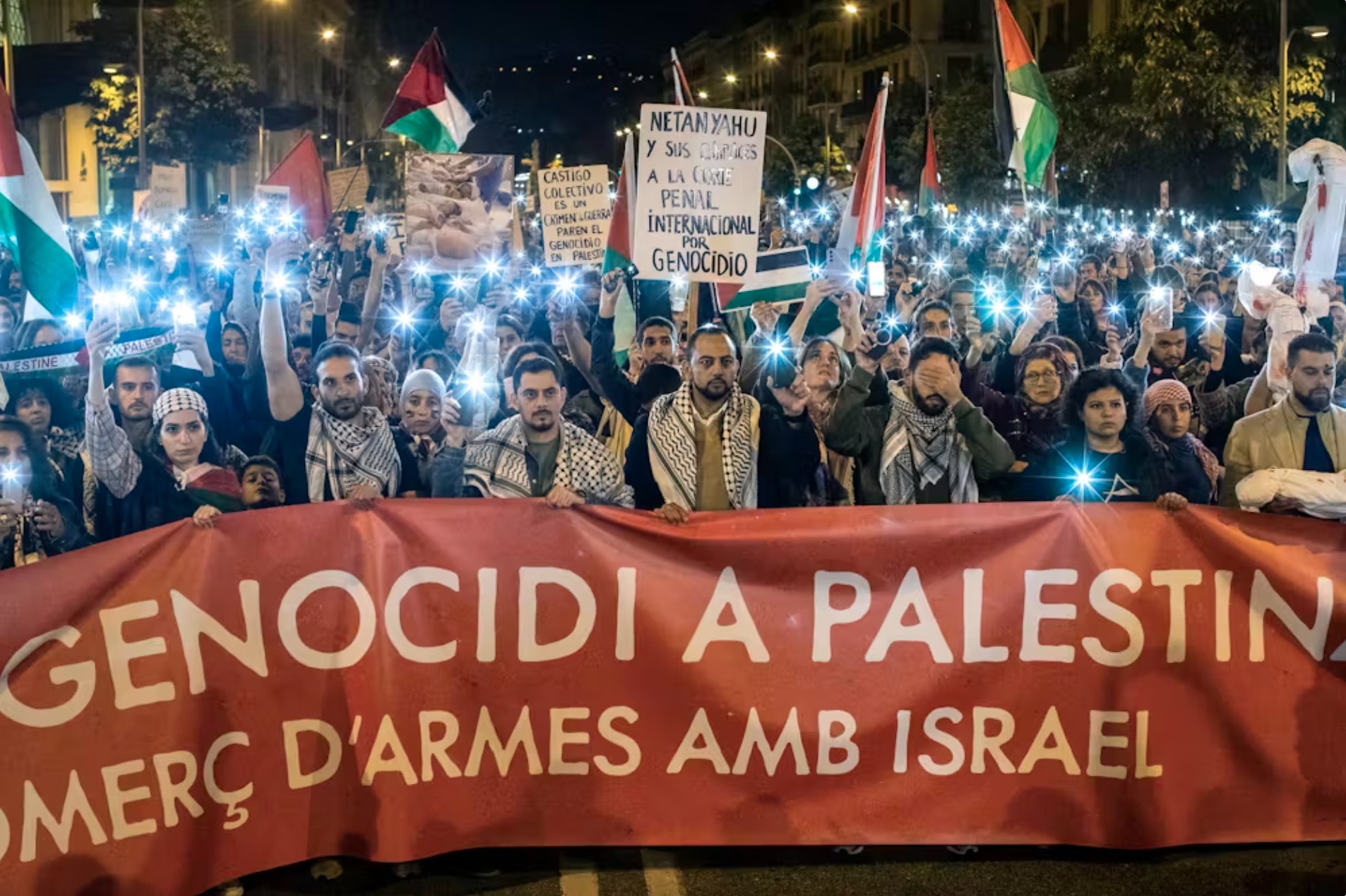 Protesters in Barcelona, Spain, calling on the Spanish government to end its arms trade with Israel in November 2023. 