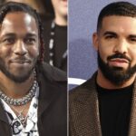 Rapper Kendrick Lamar appears at the MTV Video Music Awards, on Aug. 27, 2017, in Inglewood, Calif., left, and Canadian rapper Drake appears at the premiere of the series “Euphoria,” in Los Angeles on June 4, 2019.