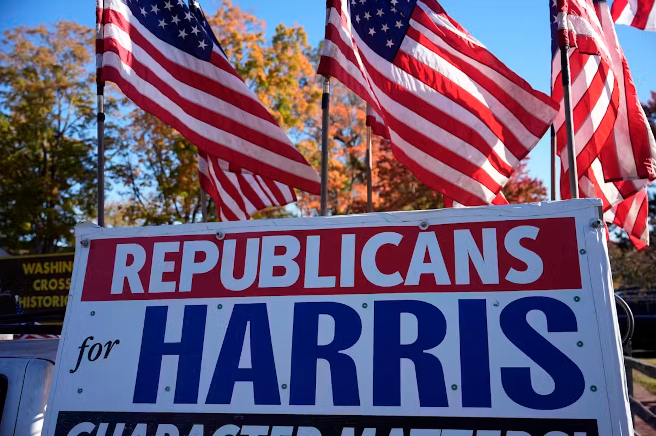 A ‘Republicans for Harris’ sign at a campaign event in Washington Crossing, Pennsylvania. 