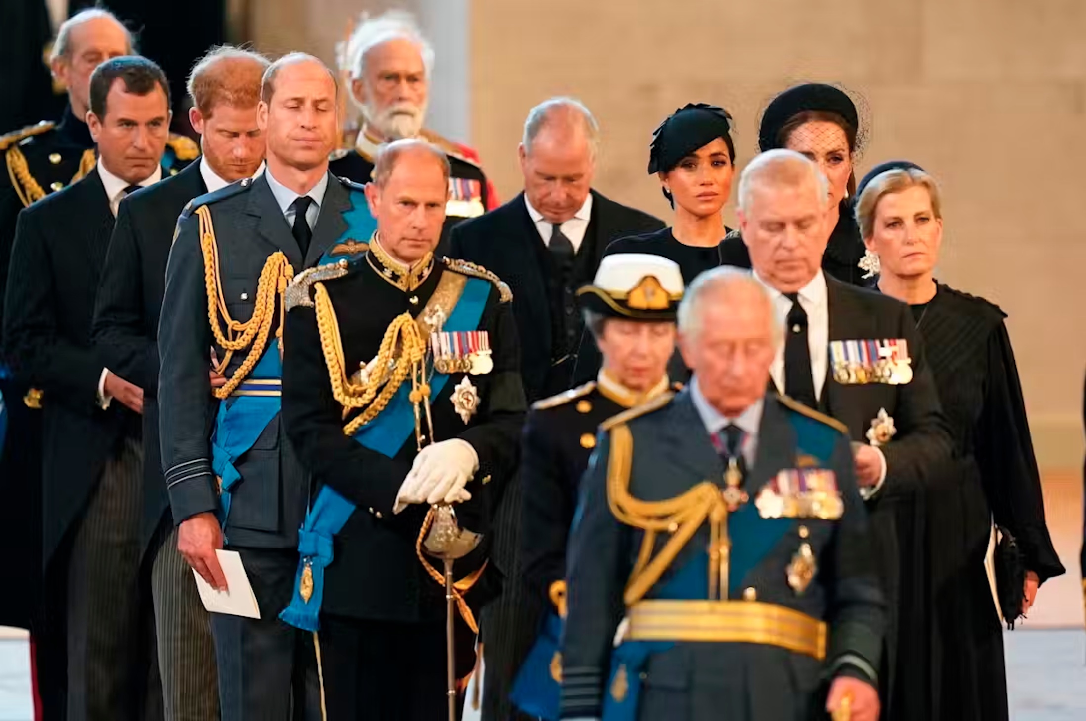 Meghan Markle walks among the members of the Royal Family at Queen Elizabeth’s funeral in September 2022.