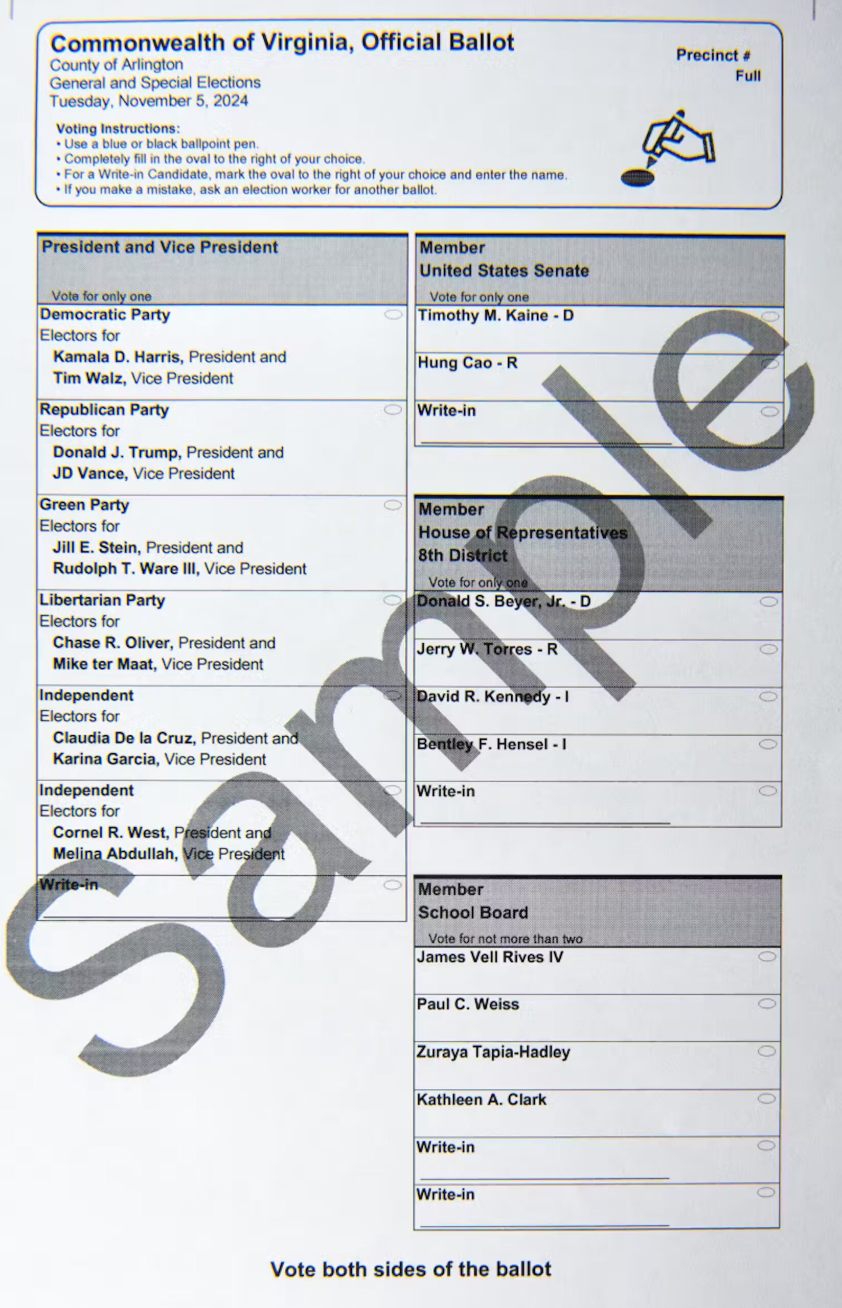 Sample presidential ballot from Arlington County in the state of Virginia showing that voters will be selecting electors, not the candidate directly. Arlington County Electoral Board