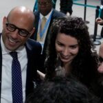 The United Nations’ climate chief Simon Stiell, left, and senior climate advisor Joanna MacGregor, centre, after a closing session at COP29.