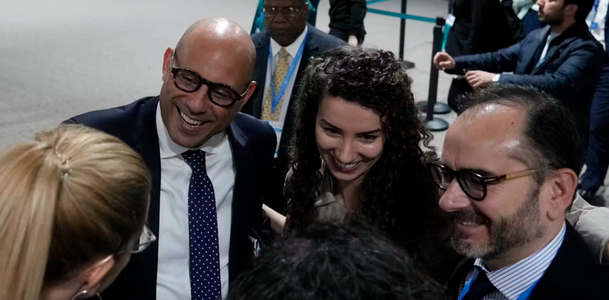 The United Nations’ climate chief Simon Stiell, left, and senior climate advisor Joanna MacGregor, centre, after a closing session at COP29. 