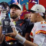 February 12, 2023 Kansas City Chiefs' Travis Kelce and Patrick Mahomes celebrate with the Vince Lombardi Trophy after winning Super Bowl LVII