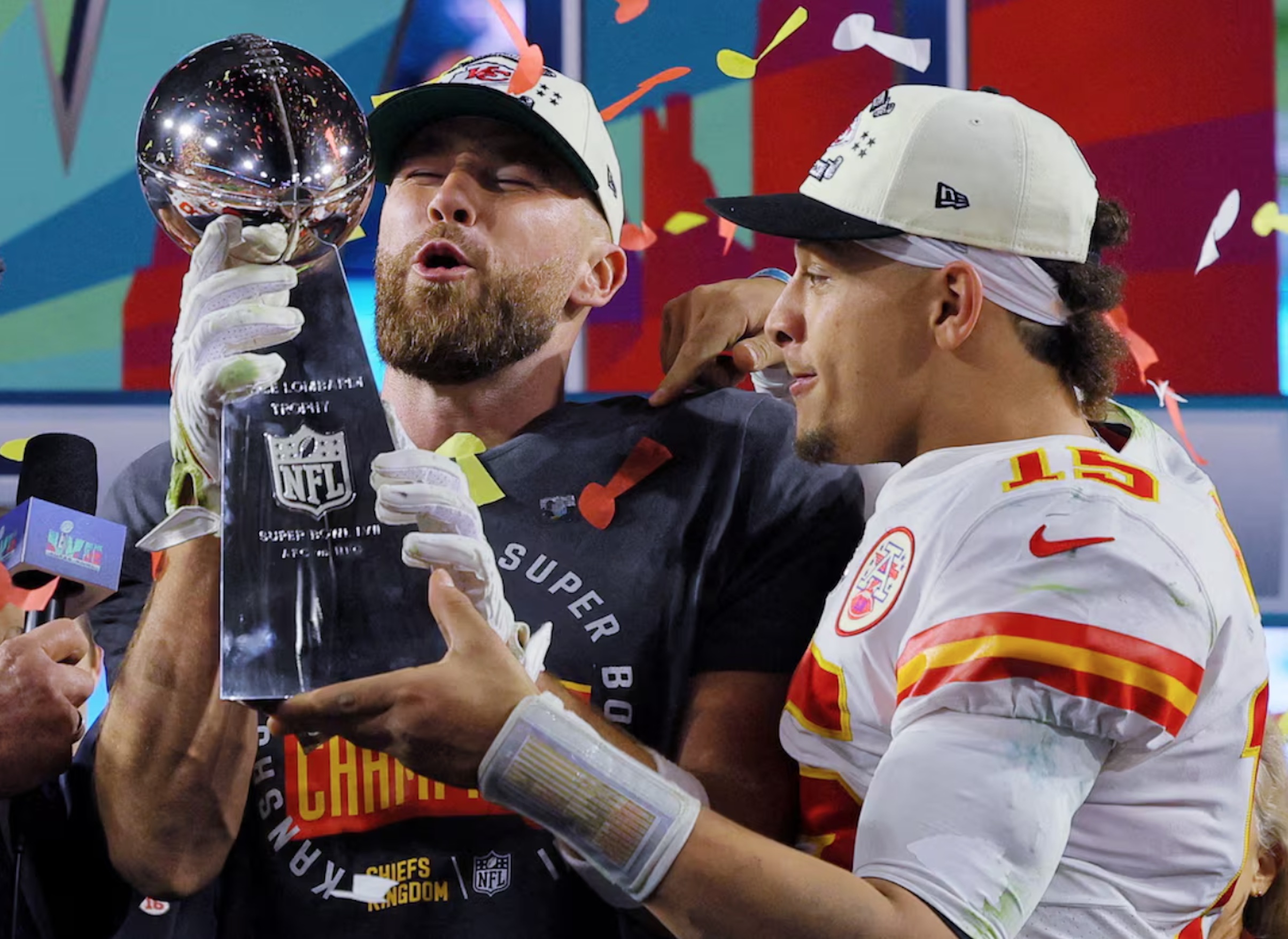 February 12, 2023 Kansas City Chiefs' Travis Kelce and Patrick Mahomes celebrate with the Vince Lombardi Trophy after winning Super Bowl LVII 