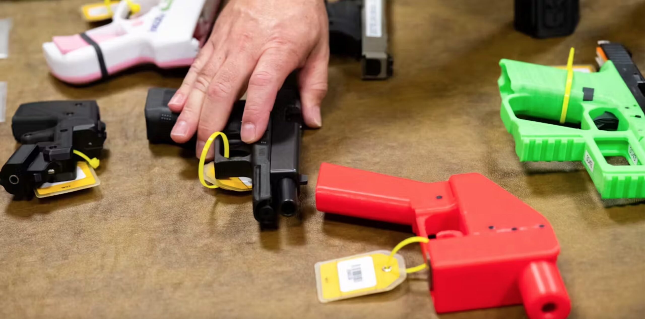 A federal firearms official displays several guns that are either entirely or partially 3D-printed. 
