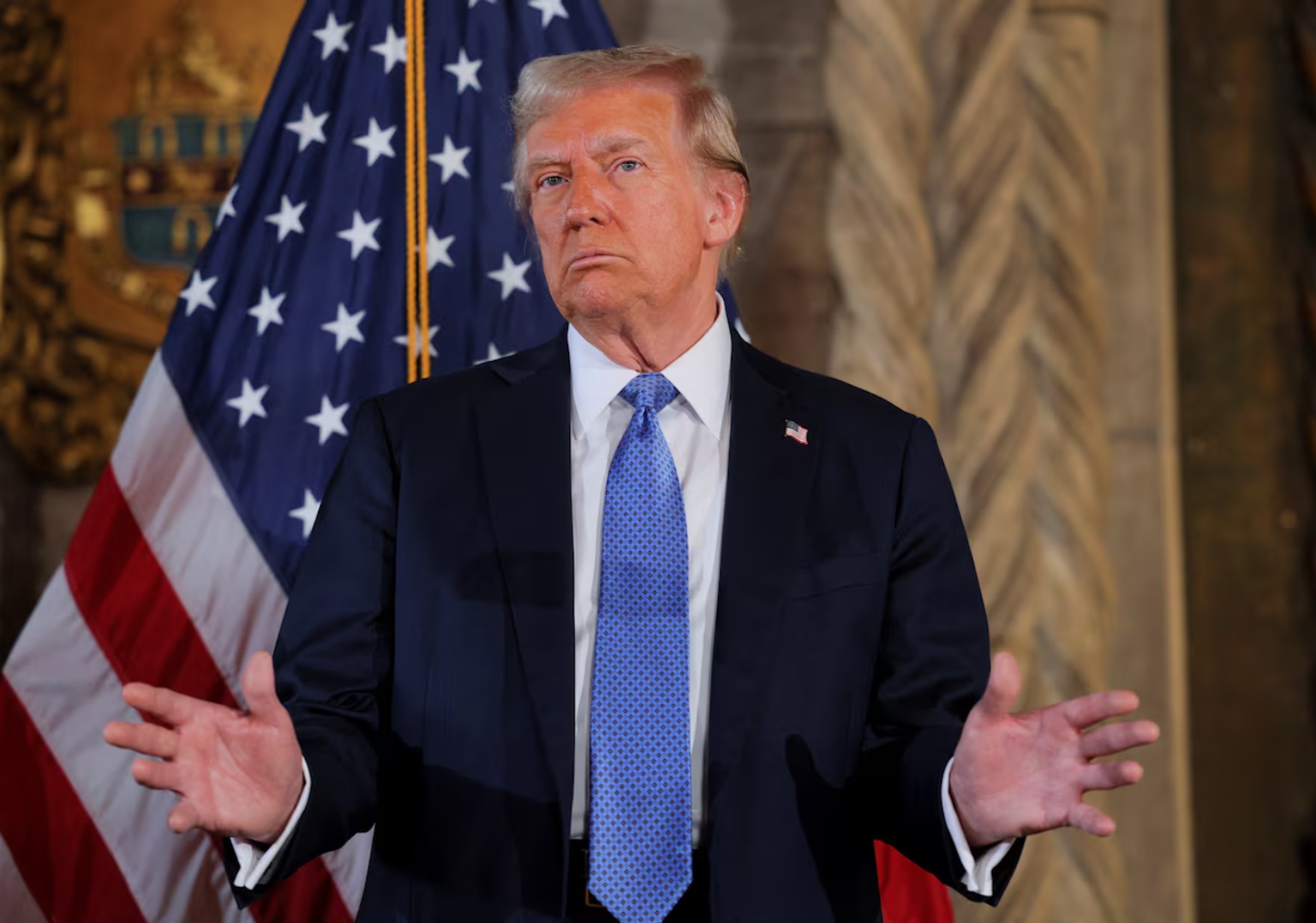 U.S. President-elect Donald Trump delivers remarks at Mar-a-Lago in Palm Beach, Florida, U.S., December 16, 2024. 