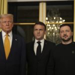 French President Emmanuel Macron, center, poses with President-elect Donald Trump, left, and Ukraine’s President Volodymyr Zelenskyy at the Elysee Palace, Saturday, Dec. 7, 2024 in Paris.