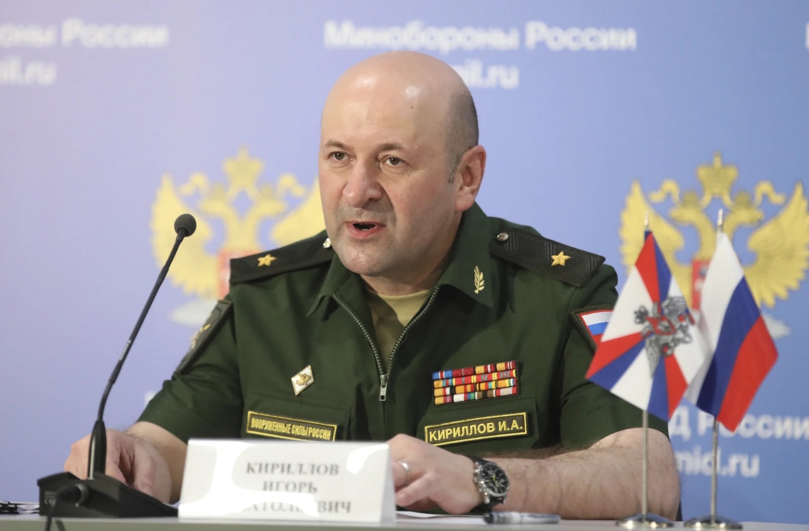 Maj. Gen. Igor Kirillov, the chief of the Russian military’s radiation, chemical and biological protection unit, attends a briefing in Kubinka Patriot park, outside Moscow, Russia, on June 22, 2018. 